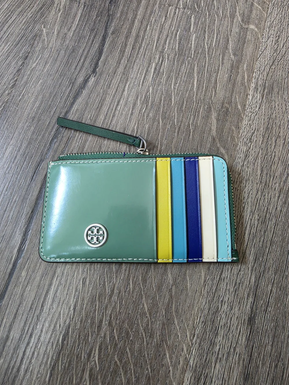 Tory Burch Green Patent Zip Card Case with Multi-Stripe Slots